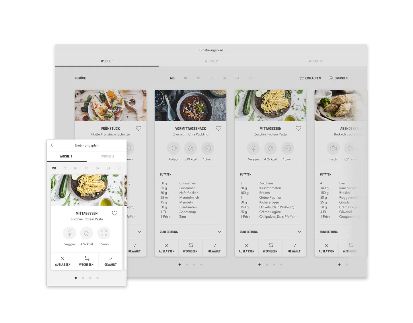 LuckyFitness Ernährungsplan Plan mit Mahlzeiten (Desktop responsive Ansicht Beispiel Tag)